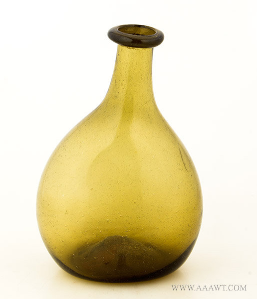 Chestnut Bottle, Free Blown Globular Flask, Light Amber Green, Seed Bubbles
New England, Circa 1780 to 1830, entire view